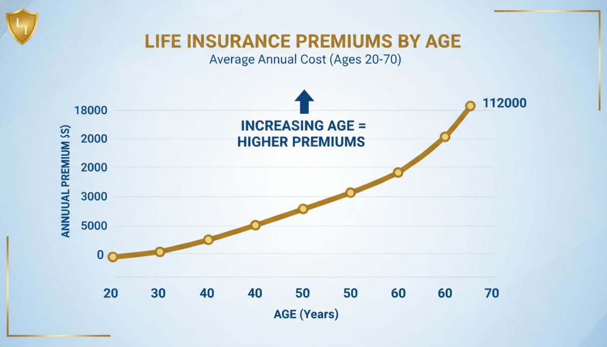 A detailed chart illustrating the upward curve of life insurance premiums from ages 20 to 70, professional infographic style with blue and gold accents.