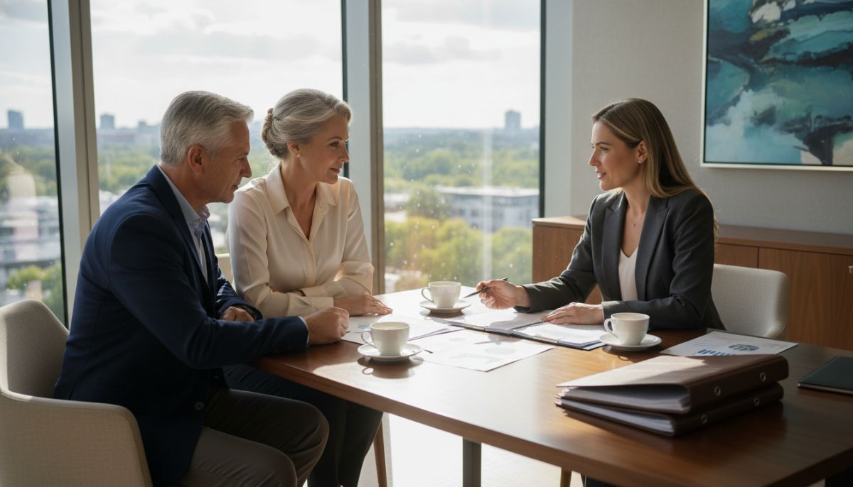 A mature couple in their 50s sitting with a financial advisor in a sunlit modern office, discussing documents, professional and calm atmosphere.