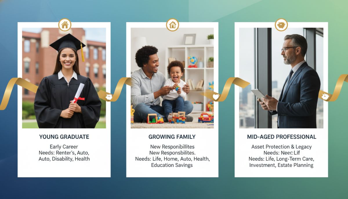 A collage representing different life stages: a young graduate, a family with a toddler, and a middle-aged professional, illustrating the evolution of insurance needs.