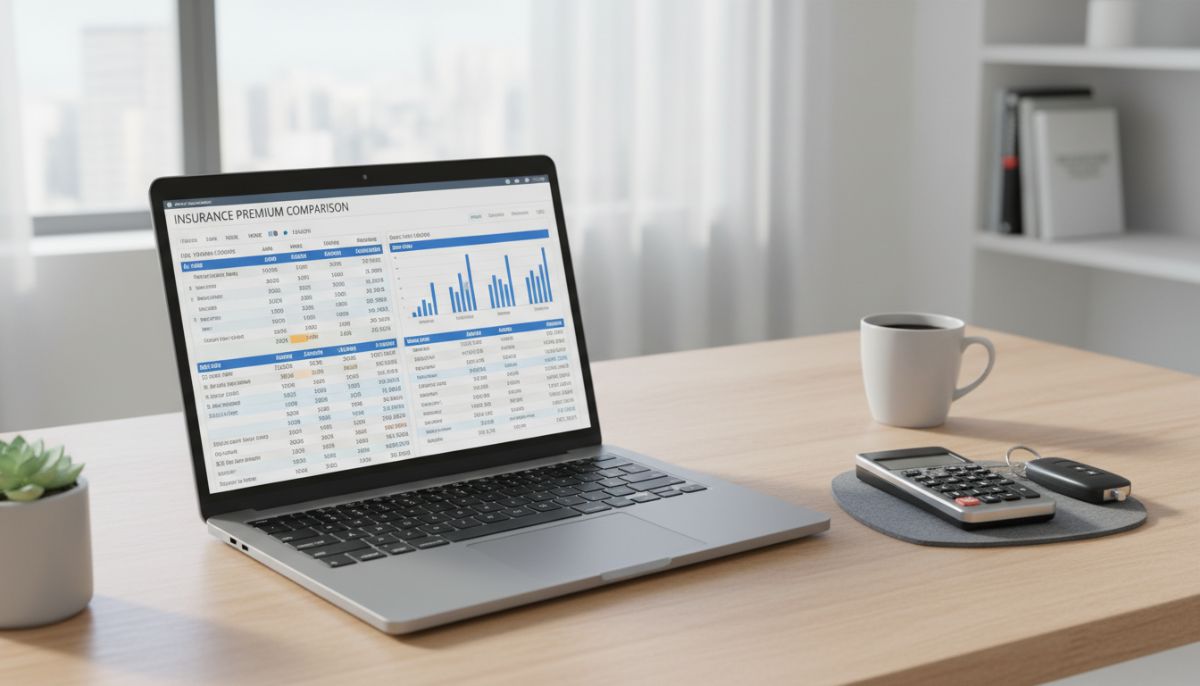 A high-resolution professional desk setup featuring a laptop displaying a complex data comparison of insurance premiums, with a financial calculator and a set of car keys nearby, minimalist and clean aesthetic.