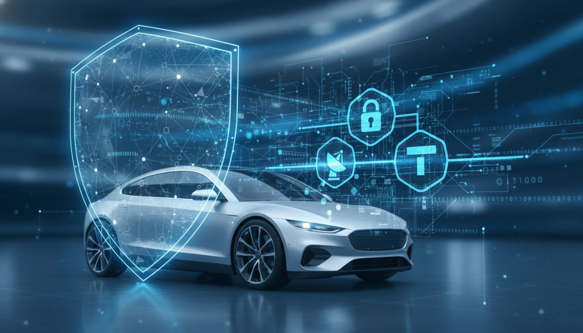 A conceptual illustration of a digital shield protecting a modern car, with data streams and binary code in the background, symbolizing technological security and insurance telematics, professional blue and silver color palette.