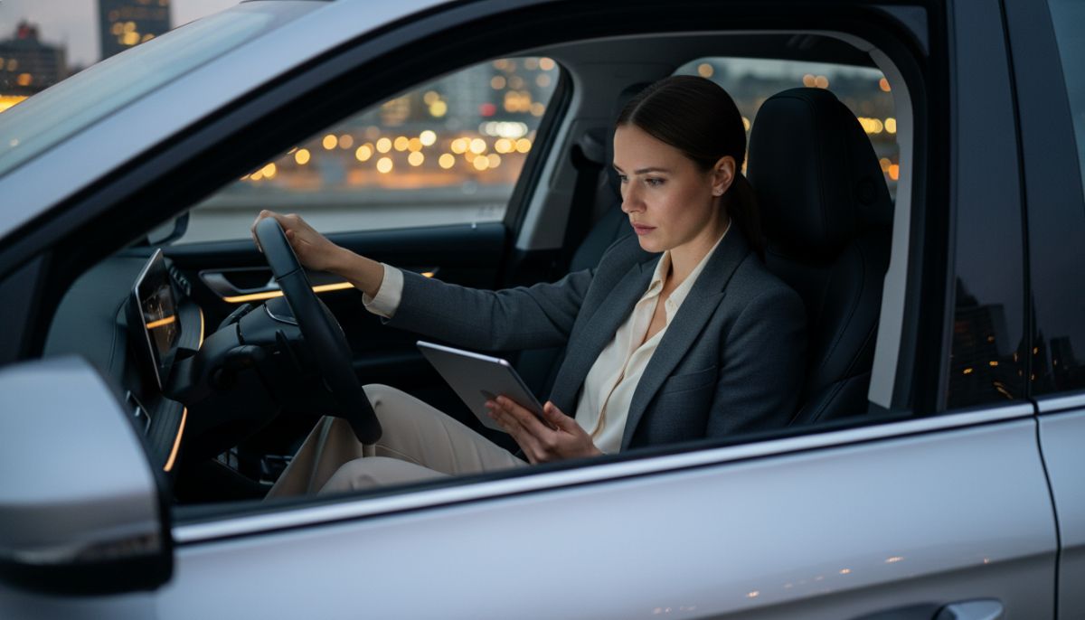 A professional woman in business attire looking thoughtfully at a tablet screen while sitting in the driver's seat of a parked modern SUV, soft evening city lights in the background, high-end photography.