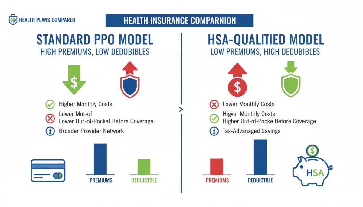 A professional infographic comparing a standard PPO model with high premiums and low deductibles against an HSA-qualified model with low premiums and high deductibles, clean corporate style.