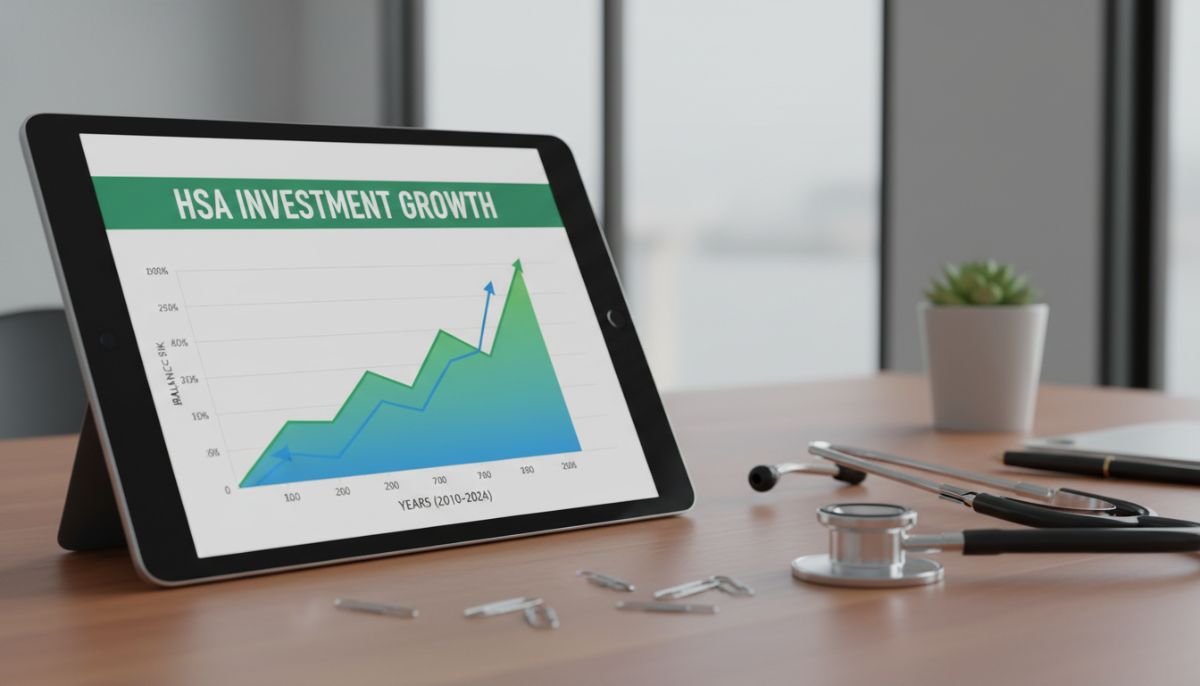 A close-up of a digital tablet showing a financial growth chart labeled 'HSA Investment Growth' next to a stethoscope on a modern office desk.