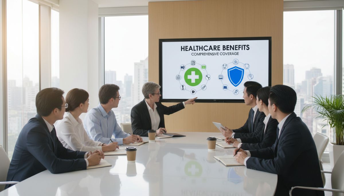 A diverse group of corporate professionals in a bright, modern meeting room discussing healthcare benefits, looking at a screen with icons of a medical cross and a shield.