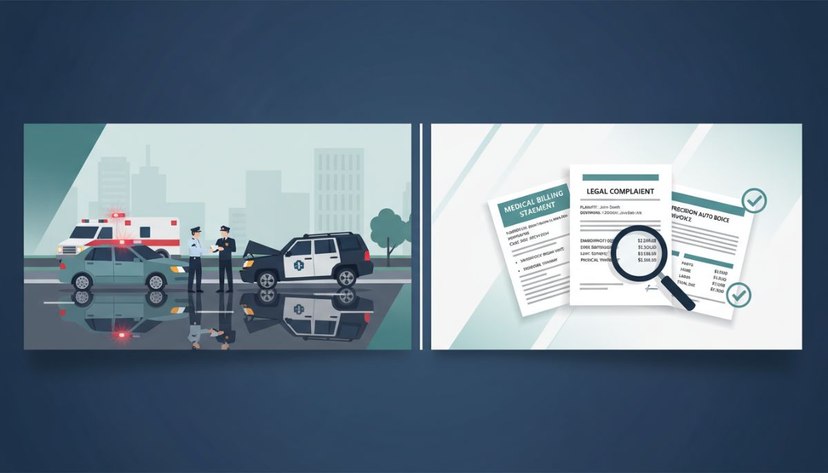 A professional split-screen illustration showing a car accident scene with a focus on legal documents, medical bills, and repair invoices, presented in a clean corporate color palette.