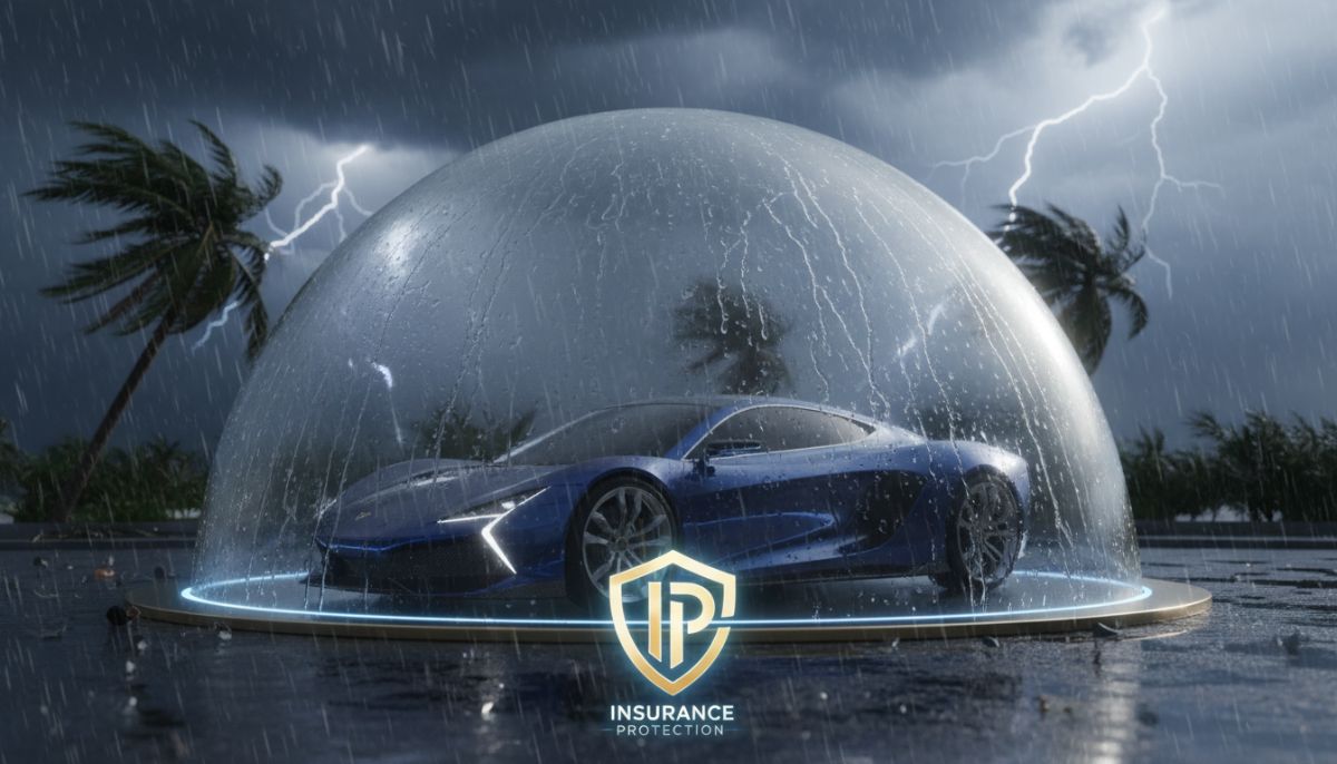 A high-quality 3D render of a luxury car being protected by a transparent glass shield during a storm, symbolizing comprehensive insurance protection, professional lighting.