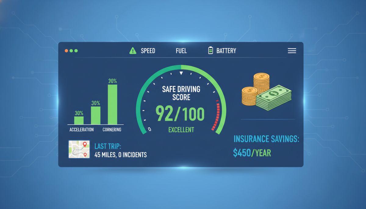 A conceptual illustration showing a digital dashboard with telematics data, emphasizing safe driving scores and insurance savings, clean vector style.