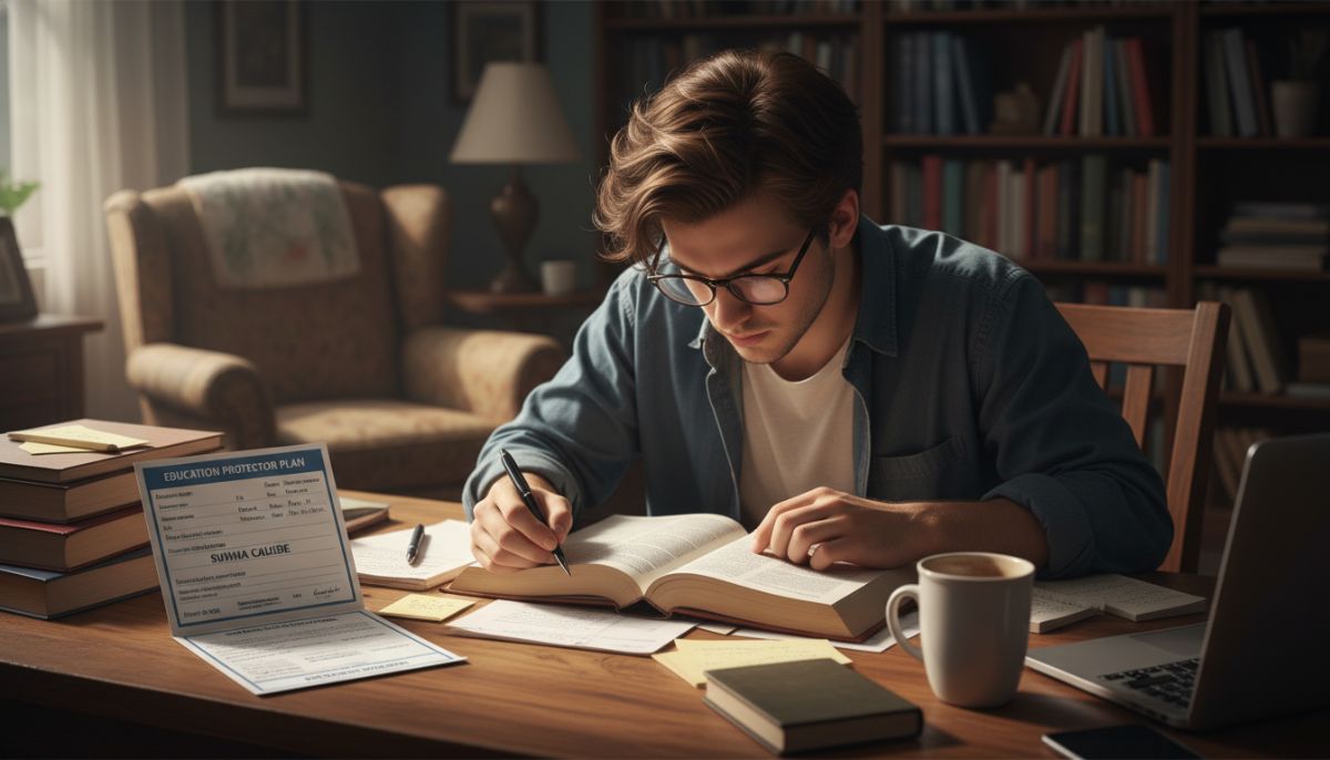 A college student studying at a desk with a report card showing high marks next to an insurance policy document, symbolizing the financial benefits of academic success.