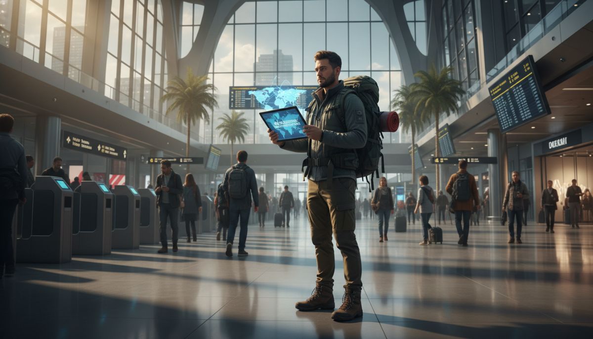 A professional traveler standing in a modern international airport terminal, holding a passport and a digital tablet displaying a medical insurance policy with a global map background, high-resolution, cinematic lighting.