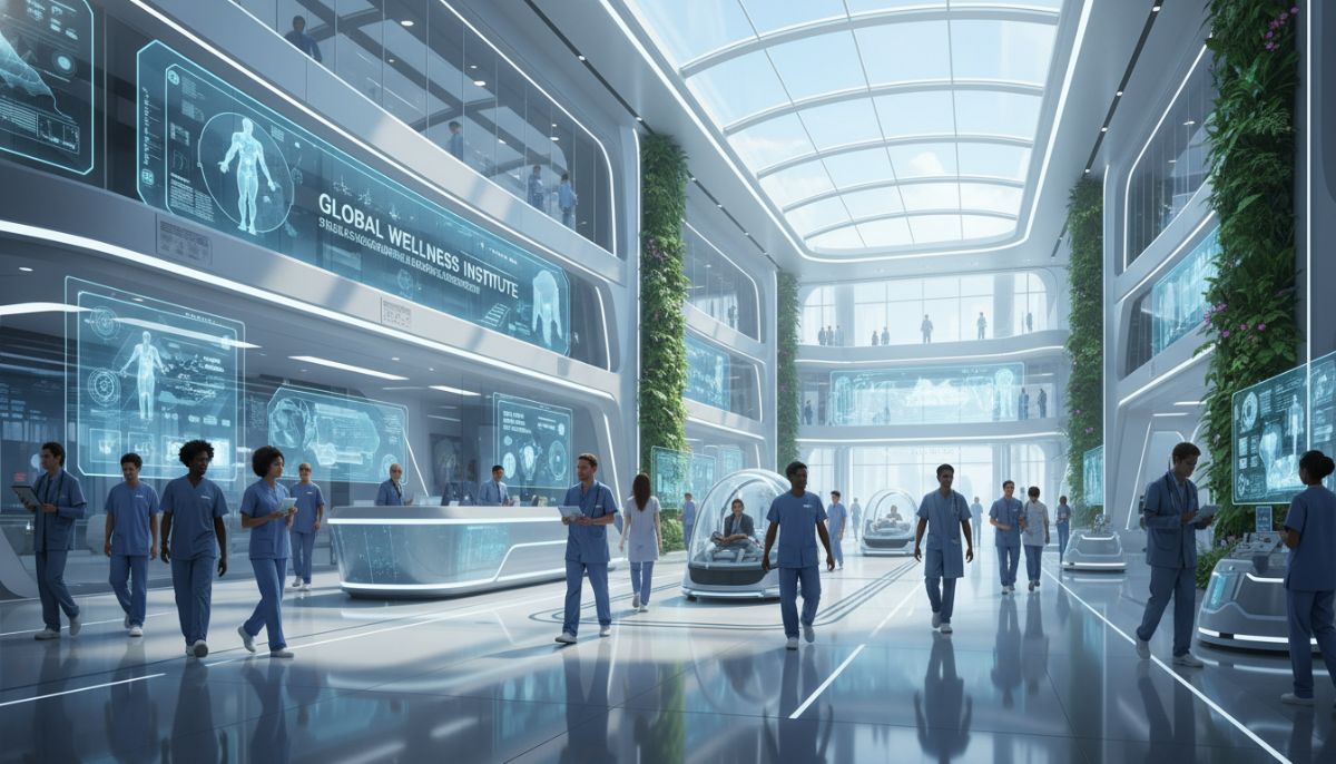 An interior view of a high-tech, ultra-modern international hospital with diverse medical professionals in professional attire, showcasing a clean and sophisticated medical environment, 8k resolution.