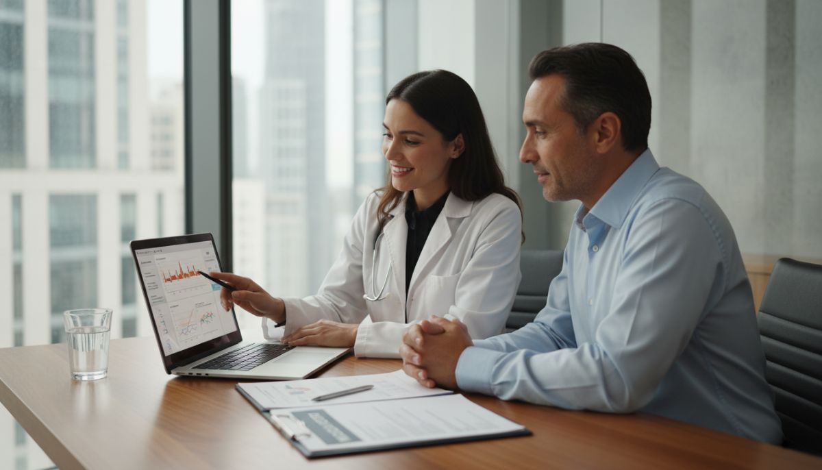 A professional doctor and an international patient in a modern office discussing a medical report, looking at a laptop screen with a professional and reassuring atmosphere, natural daylight.
