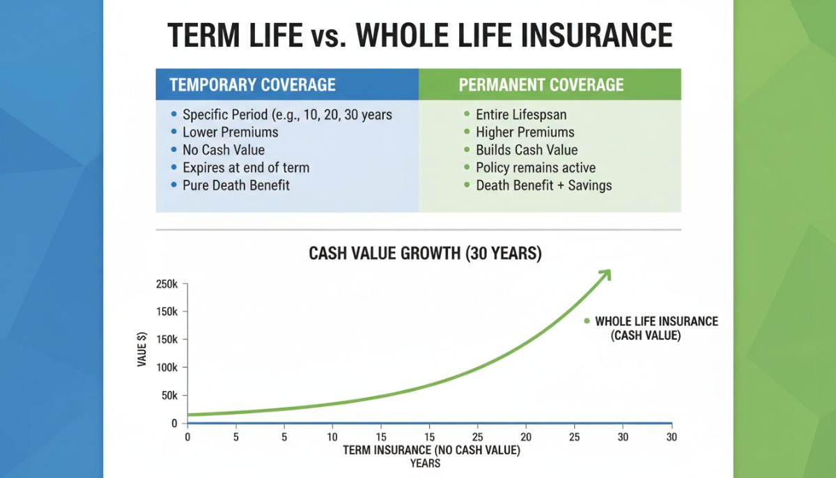 A professional infographic comparing term life insurance versus whole life insurance, showing a steady growth curve for whole life cash value over 30 years compared to a flat line for term insurance.